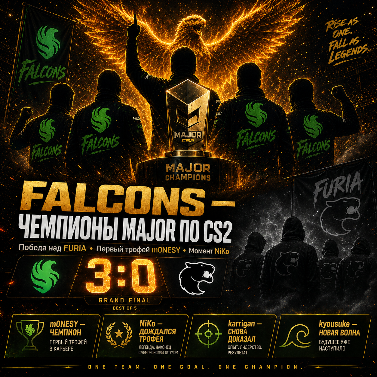 Falcons выиграли Major по CS2: победа над FURIA 3:0, первый титул m0NESY и трофей NiKo.