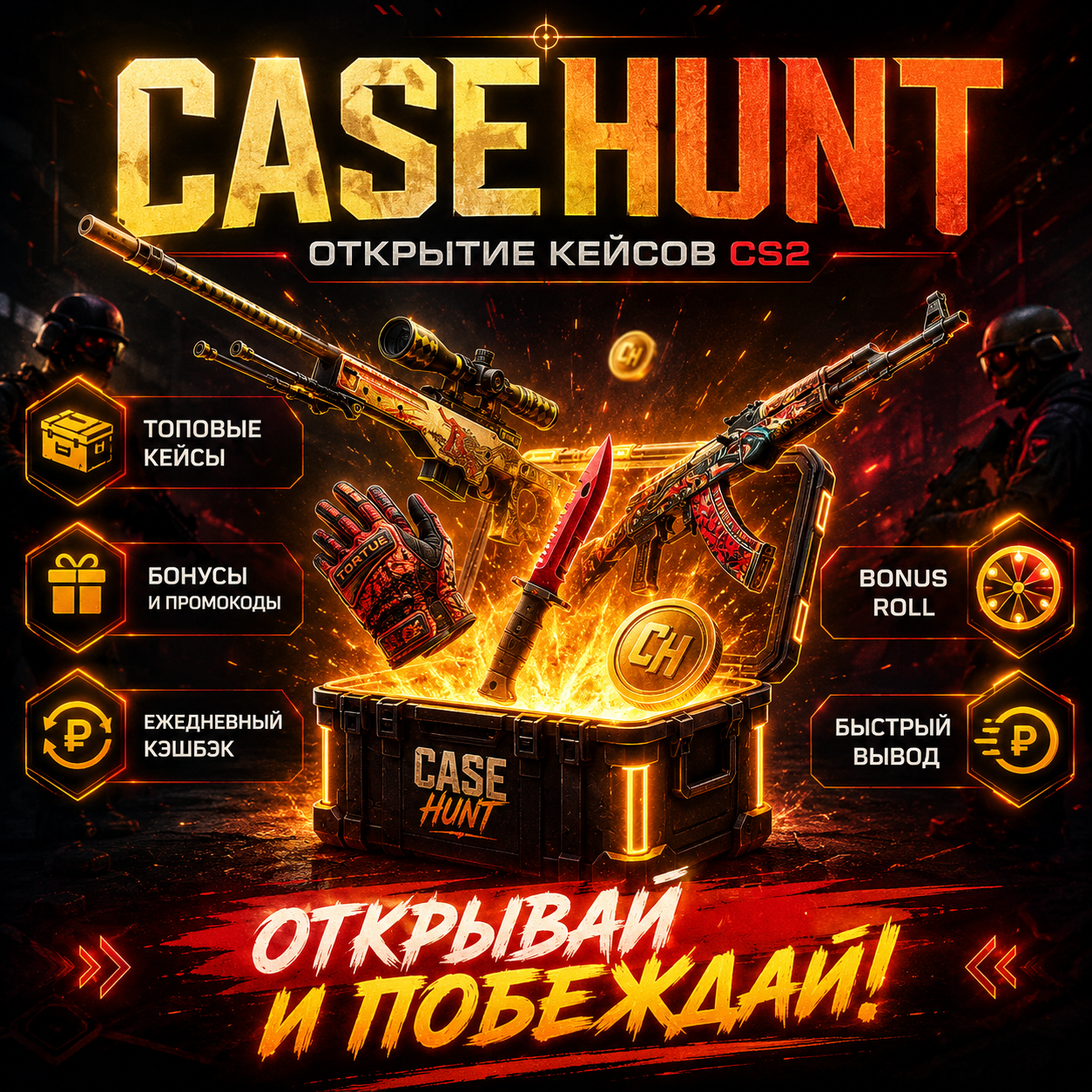 CASEHUNT промокод CS2 — обзор сайта, Bonus Roll, кэшбэк, розыгрыши и бонусы.